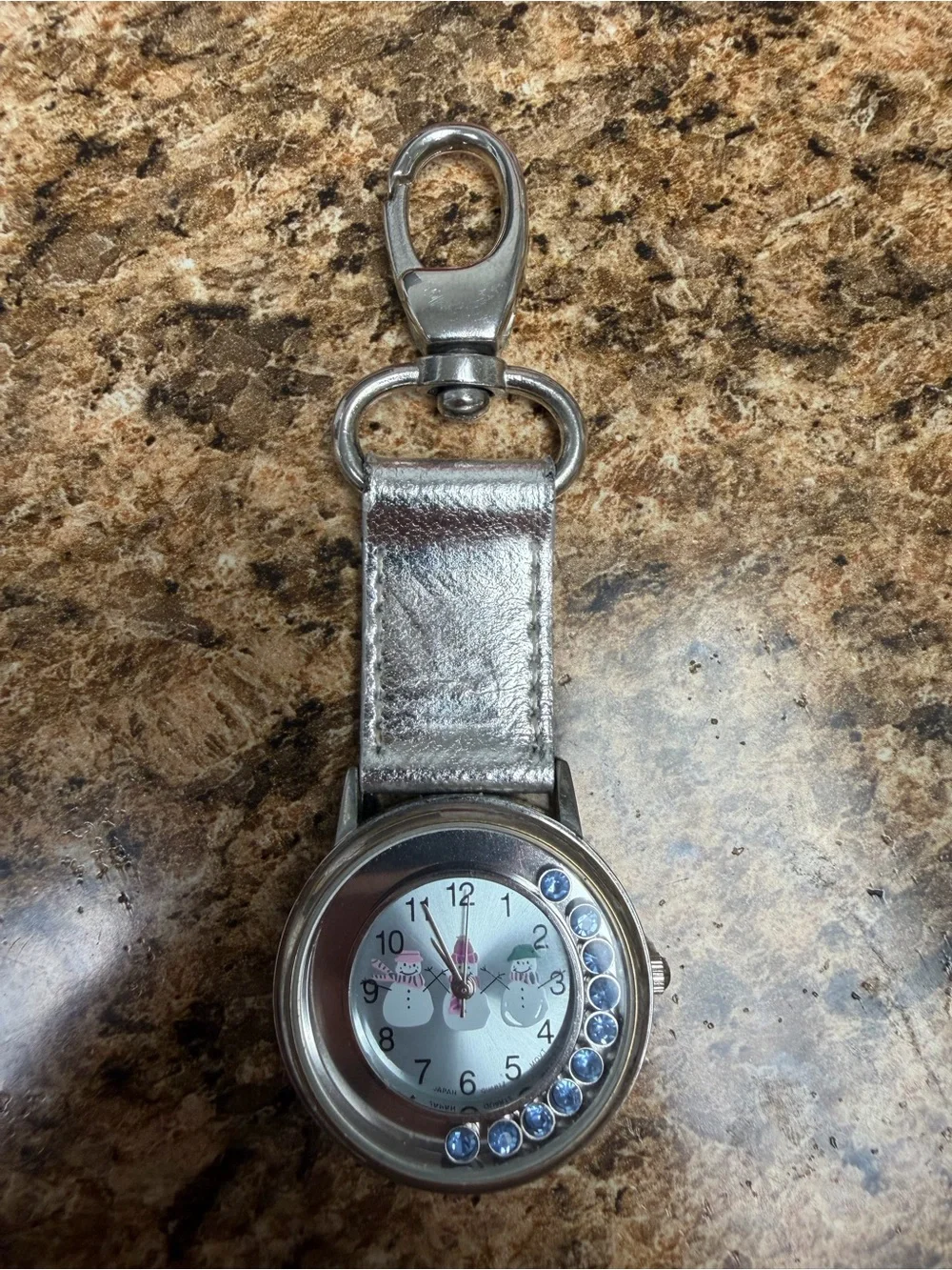 Snowman Christmas Keychain Watch Blue Rhinestone Untested Purse Clip Japan